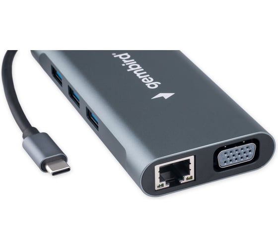 Док-станция Gembird Type-C, 10в1: 3xUSB3.1, Type-C PD87W, Jack 3.5, SD/TF, HDMI, RJ45, VGA, кабель 15см, алюминий, UHB-D4