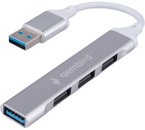 Разветвитель Gembird USB3.0/2.0, USB3.0, 3xUSB2.0, кабель USB 10см, серебристый металл, пакет, UHB-C206
