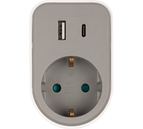 Разветвитель-адаптер с заземлением Jаzzway 16А AD-1GAC-gy серый, защитные шторки, 2 USB порта(А+С) 5 5064003