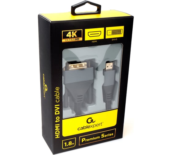Кабель Cablexpert 4K 19M/19M 1.8м single link медь, нейлоновая оплетка металлические разъемы HDMI-DVI CC-HDMI-DVI-4K-6
