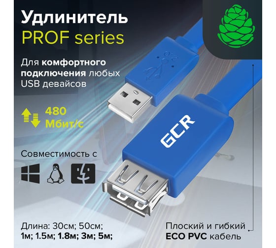 Удлинитель USB GCR для 3G 4G модемов USB 2.0 AM/AF 0.5 м, синий, VIVUEIC2M2-BD-0,5m