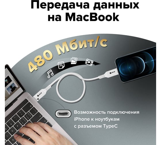 Кабель TypeC/Lightning GCR PREMIUM 0.5m MFI POWER DELIVERY 18 W, быстрая зарядка, силикон, VIV53I534