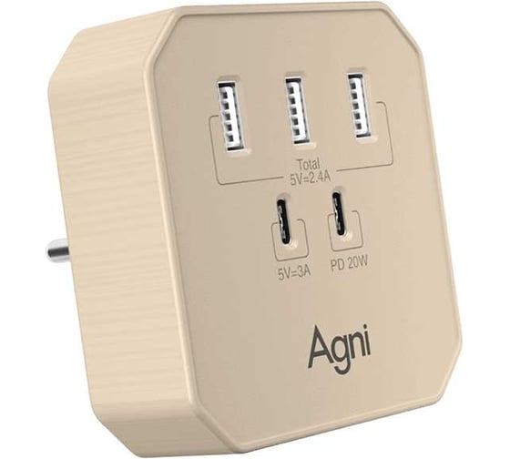Тройник для розетки AGNI зарядное устройство, 3 USB-A, 2 USB-C, слоновая кость TP-WB2U3E-ivory 1