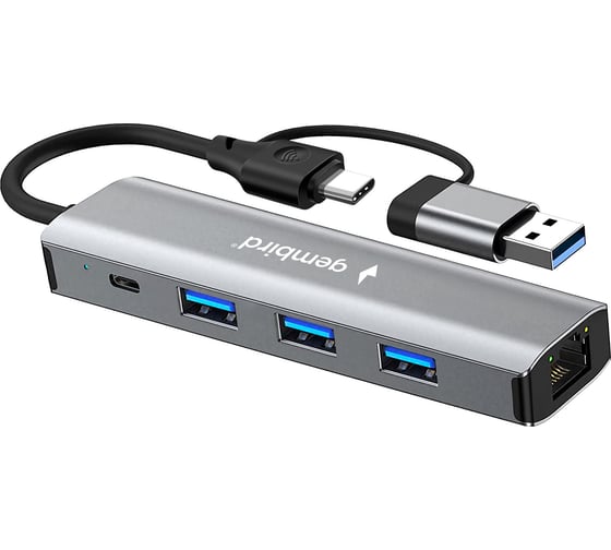 Док-станция Gembird Type-C + USB 5в1: 3хUSB3.1, Type-C, RJ45, кабель 17см, алюминий, UHB-D7 1
