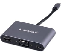 Док-станция Gembird Type-C 5в1: USB3.1, PD100W, Jack3,5, HDMI, VGA, кабель 10см, алюминий, UHB-D8