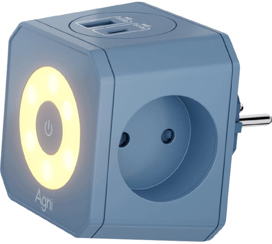 Разветвитель AGNI на 3 розетки, ночник, 1 USB 18 Вт + 1 Type-C 20 Вт, синий TP-WJ2U3E TP-WJ2U3E-L-blue 1