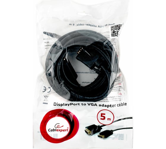 Кабель Cablexpert DisplayPort-VGA 5м, 20M/15M, черный, экран, пакет CCP-DPM-VGAM-5M