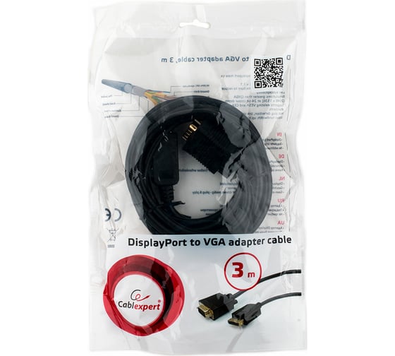 Кабель Cablexpert DisplayPort->VGA 3м, 20M/15M, черный, экран, пакет CCP-DPM-VGAM-10