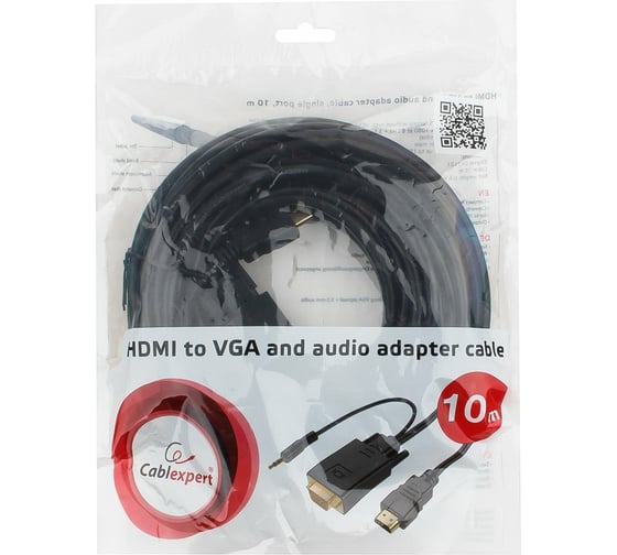 Кабель Cablexpert HDMI VGA 19M/15M + 3.5Jack 10м черный, медь, позолоченные разъемы A-HDMI-VGA-03-10M