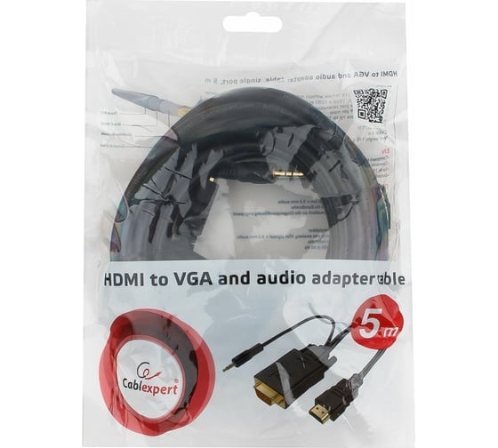 Кабель Cablexpert HDMI VGA A-HDMI-VGA-03-5M 19M/15M+3.5Jack 5м медь, черный, позолоченные разъемы A-HDMI-VGA-03-5M