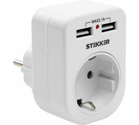 Сетевой переходник STEKKER с заземлением c 2 USB 2,1А, ADP16-24-20, 250В, 16A, IP20, белый 39626