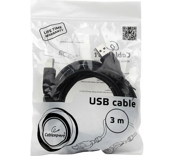 Кабель Cablexpert USB 2.0 Pro, AM/BM, 3м, экран, 2 ферритовых кольца, черный, CCF2-USB2-AMBM-10