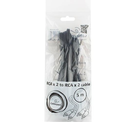 Кабель Cablexpert аудио 2xRCA/2xRCA, 5м, черный, пакет CCA-2R2R-5M