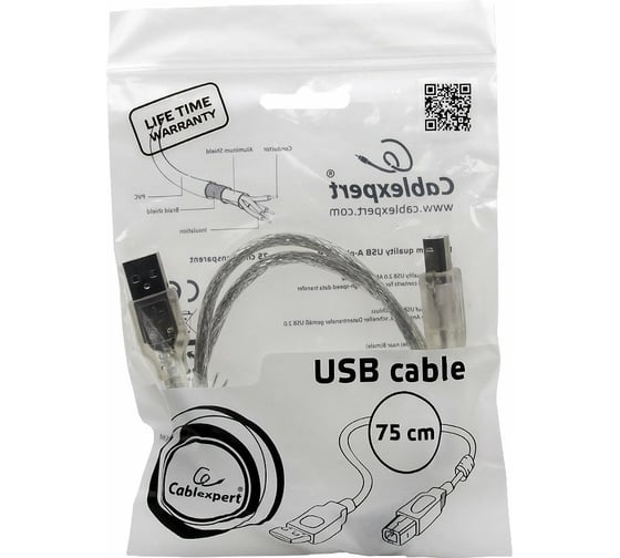 Кабель Cablexpert USB2.0 Pro, AM/BM, 0.75м, экранированный, ферритовое кольцо, прозрачный CCF-USB2-AMBM-TR-0.75M