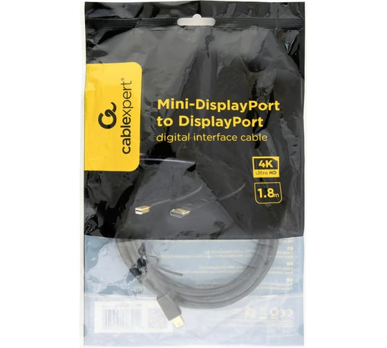 Кабель miniDP-DP Cablexpert 20M/20M, v.1.2, 4K, 1.8м, черный, позолоченные разъемы, пакет CCP-mDP2-6