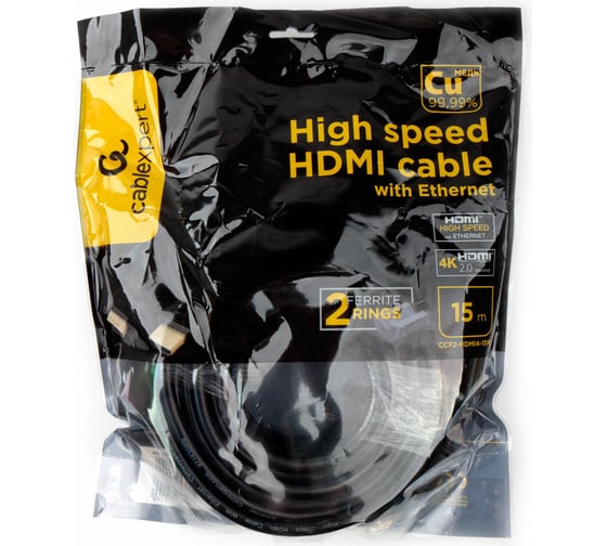 Кабель HDMI Cablexpert 19M/19M, v2.0, медь, позол.контакты, экран, 2 фер.кольца, 15м, черный, пакет, HDMI CCF2-HDMI4-15M