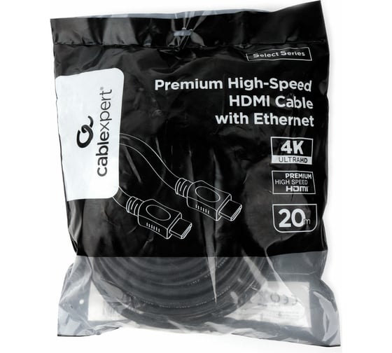 Кабель HDMI Cablexpert 20м v2.0 19M/19M серия Light черный позолоченные разъемы экран пакет CC-HDMI4L-20M