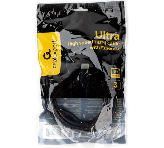Кабель HDMI Cablexpert 3м, v2.1, 8K, 19M/19M, медь, позол.разъемы, экран, черный, пакет CC-HDMI8K-3M