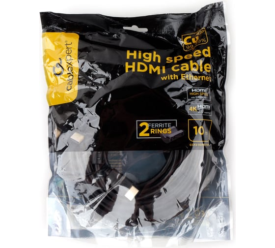 Кабель HDMI Cablexpert 19M/19M, v2.0, медь, позол.контакты, экран, 2 фер.кольца, 10м, черный, пакет, HDMI CCF2-HDMI4-10M