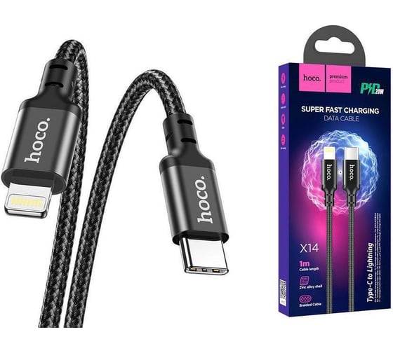 Кабель Hoco USB-C X14 Double speed Type-C - Lightning, 3A, 20W, 1 м, черный 109318