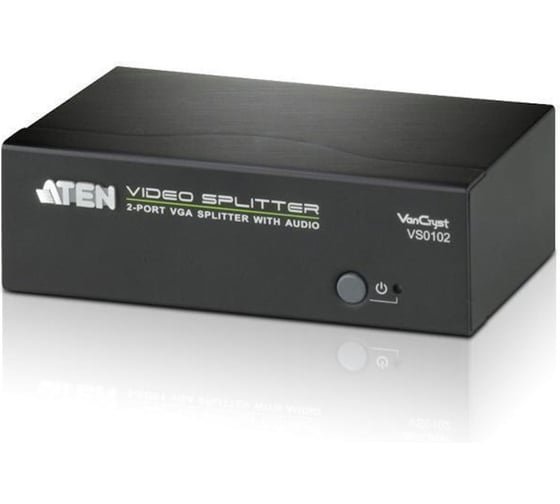 Разветвитель ATEN Video Splitter, VGA/SVGA/MultiSync+AUDIO, 1 2 монитора/port 450MHz, 65 метр., F M, без шнуров, БП 220 5.3V VS0102-AT-G