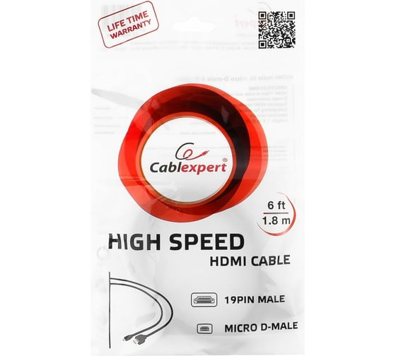 Кабель HDMI-microHDMI Cablexpert v2.0 19M/19M 1.8м медь, позол.разъемы, экран, черный CC-HDMID-6