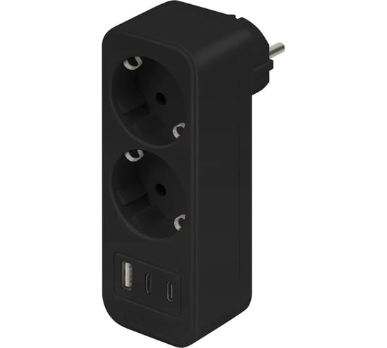 Разветвитель электрический Intro TR-2e-3USB-B на 2 розетки с заземлением + 3 USB A+C 16А черный Б0069080