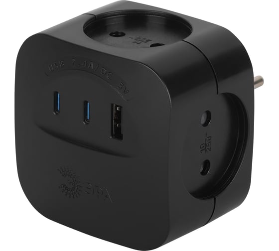 Разветвитель электрический ЭРА SP-4-3USBAC-B на 4 розетки + 3 USB A+C со шторками 10А черный Б0069084