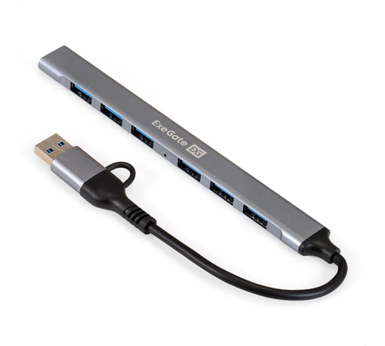 USB-Хаб концентратор 7-в-1 ExeGate DUB-761C3 кабель-адаптер USB Type-A + Type-C 6xUSB2.0, 1xUSB3.0, Plug Play, серебристый 299790 1