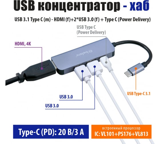 Кабель Belsis USB 3.1 Type C (m) - HDMI (f)+2*USB 3.0 (f)+ Type C (Power Delivery), 0,15 м, BW8902