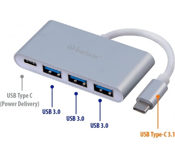 Кабель Belsis USB 3.1 Type C (m) - 3хUSB 3.0 (f)+ Type C (Power Delivery), 0,15 м, серебристый BW8903 1