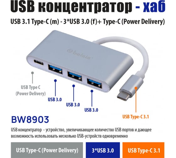 Кабель Belsis USB 3.1 Type C (m) - 3хUSB 3.0 (f)+ Type C (Power Delivery), 0,15 м, серебристый BW8903