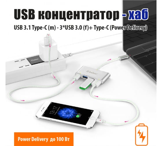 Кабель Belsis USB 3.1 Type C (m) - 3хUSB 3.0 (f)+ Type C (Power Delivery), 0,15 м, серебристый BW8903