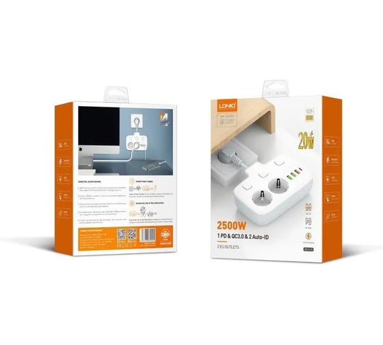 Сетевой разветвитель Perfeo LDNIO SE2435 2 розетки 2500W 4 USB: QC 3.0+PD 3.0 20W White LD_D0417