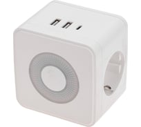 Двойник электрический REXANT Куб 16А с/з, 2 разъема USB-A 2,4А, 1 разъем USB-C 3А, с ночной подсветкой, белый 11-1251