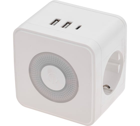 Двойник электрический REXANT Куб 16А с/з, 2 разъема USB-A 2,4А, 1 разъем USB-C 3А, с ночной подсветкой, белый 11-1251