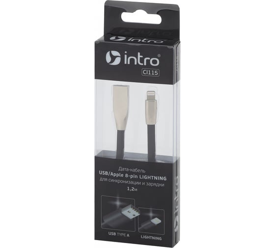 Кабель Intro CI115 USB Apple 8pin lightning, плоский, 1,2м, черный Б0035656 1