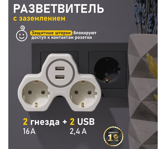 Электрический двойник REXANT с 2 USB портами 2,4А с заземлением 16А белый 11-1089