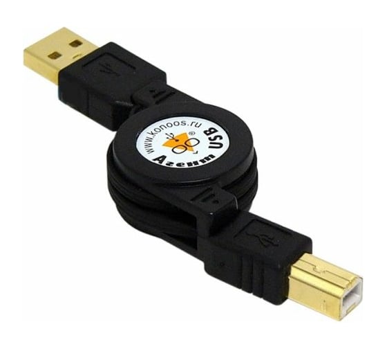 Кабель-рулетка Konoos USB 2.0, AM/BM, 75cм, позолоченные разъемы, черный, KCR-USB2-AMBM-0.75