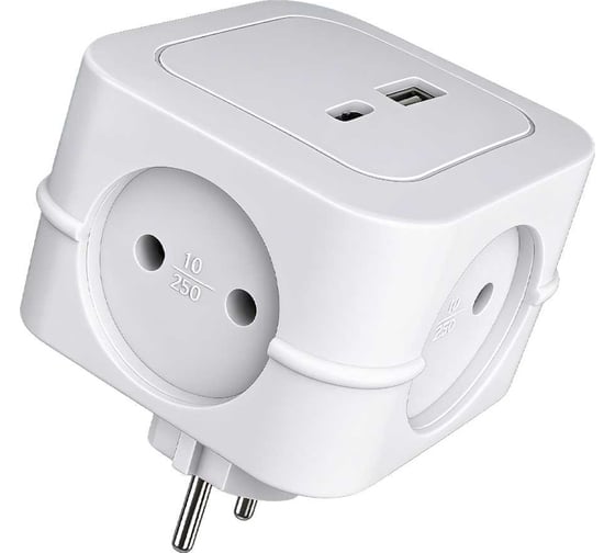 Разветвитель ФАZА FAS-4AC-wh 4 розетки, 2.2кВт, 10А, 2 USB выхода (1А+1С), IP20 белый 5071599