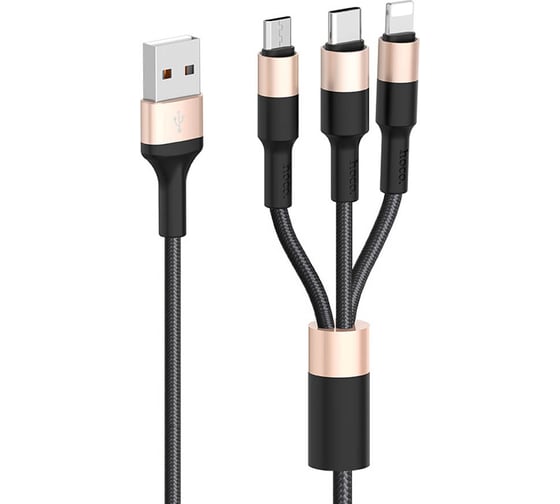 Кабель Hoco USB X26 Xpress 3 в 1 для Lightning, Micro USB, Type-C, 2.0A, 1 м, черный с золотым 093057