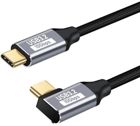 Кабель USB-C M KS-is угловой 90 градусов USB-C M, 10Gbps, 60Вт, 2м, оплетка, черный+серый KS-889BB-2