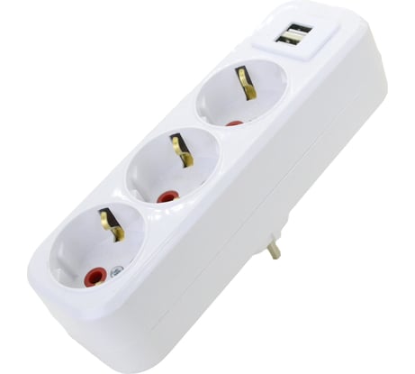 Прямой разветвитель AY-KA на 3 розетки с USB, 16A 250В с заземлением, белый 7713800