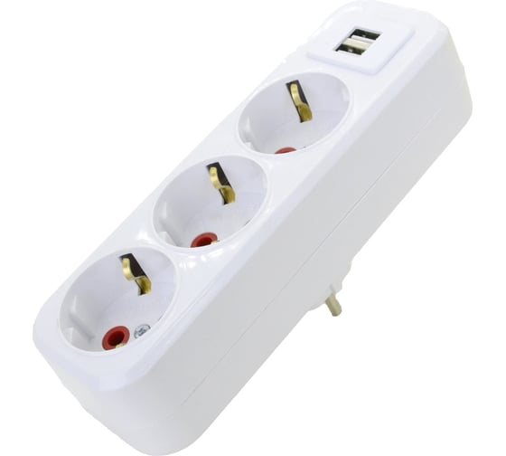 Прямой разветвитель AY-KA на 3 розетки с USB, 16A 250В с заземлением, белый 7713800 1