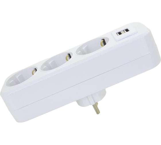 Прямой разветвитель AY-KA на 3 розетки с USB, 16A 250В с заземлением, белый 7713800