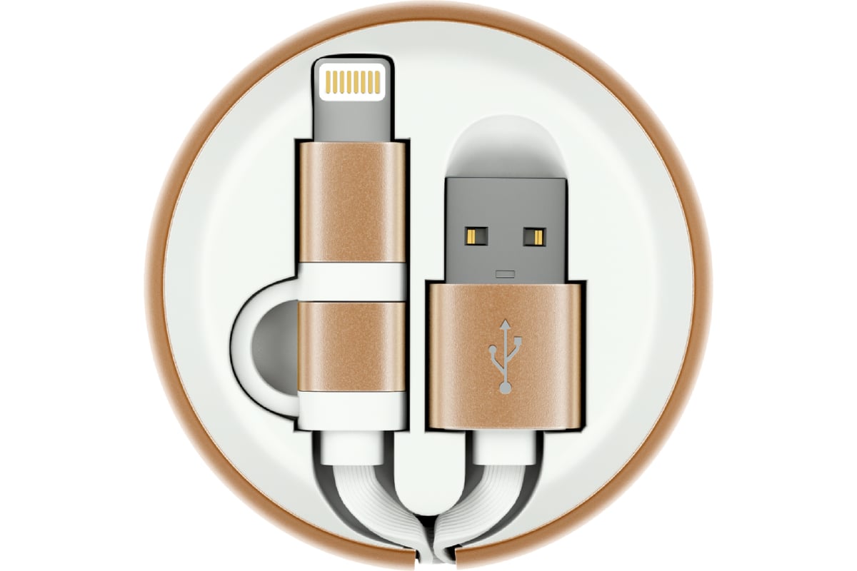 Кабель-рулетка Interstep Lightning+Micro USB2.0, алюминий Цвет Белый ...