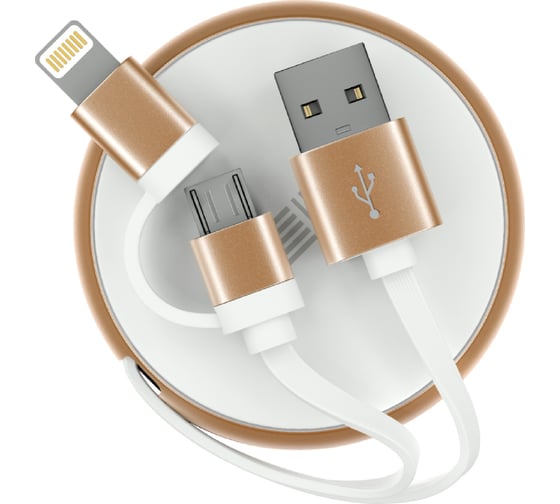 Кабель-рулетка Interstep Lightning+Micro USB2.0, алюминий Цвет Белый/Золото, 0.9м, B210, 65591 1