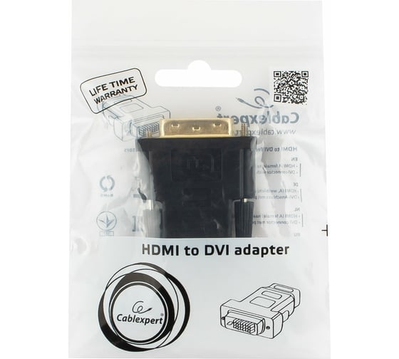 Переходник Cablexpert HDMI-DVI, 19F/19M, золотые разъемы, пакет A-HDMI-DVI-2