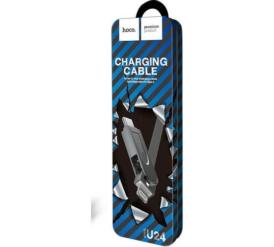 Кабель USB Hoco U24 Refined 3 в1 для Lightning, Micro USB, Type-C, 2.0А, длина 1.0м, серый 648435