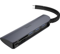Переходник Hoco хаб HB17 Easy connect Type-C adapter (Type-C to USB3.0*3+ SD+TF), серый 800478